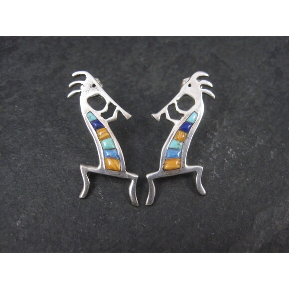 Vintage Southwestern Sterling Kokopelli Inlay Earrings - Picture 7 of 10